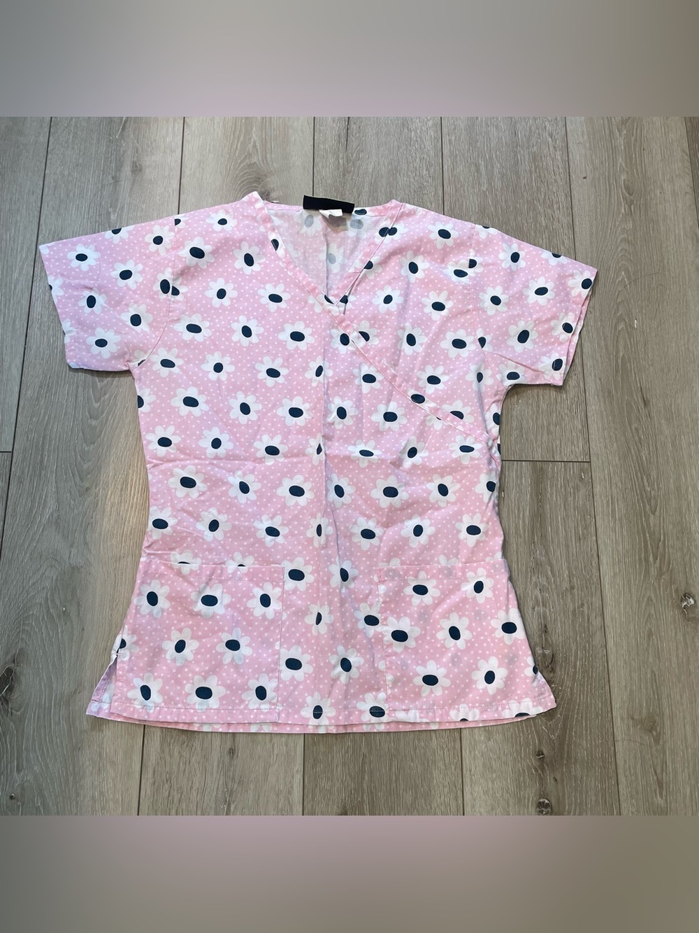 Bonita Pink Floral Daisy & Polka Dot Scrub Top - Size Small - V-Neck